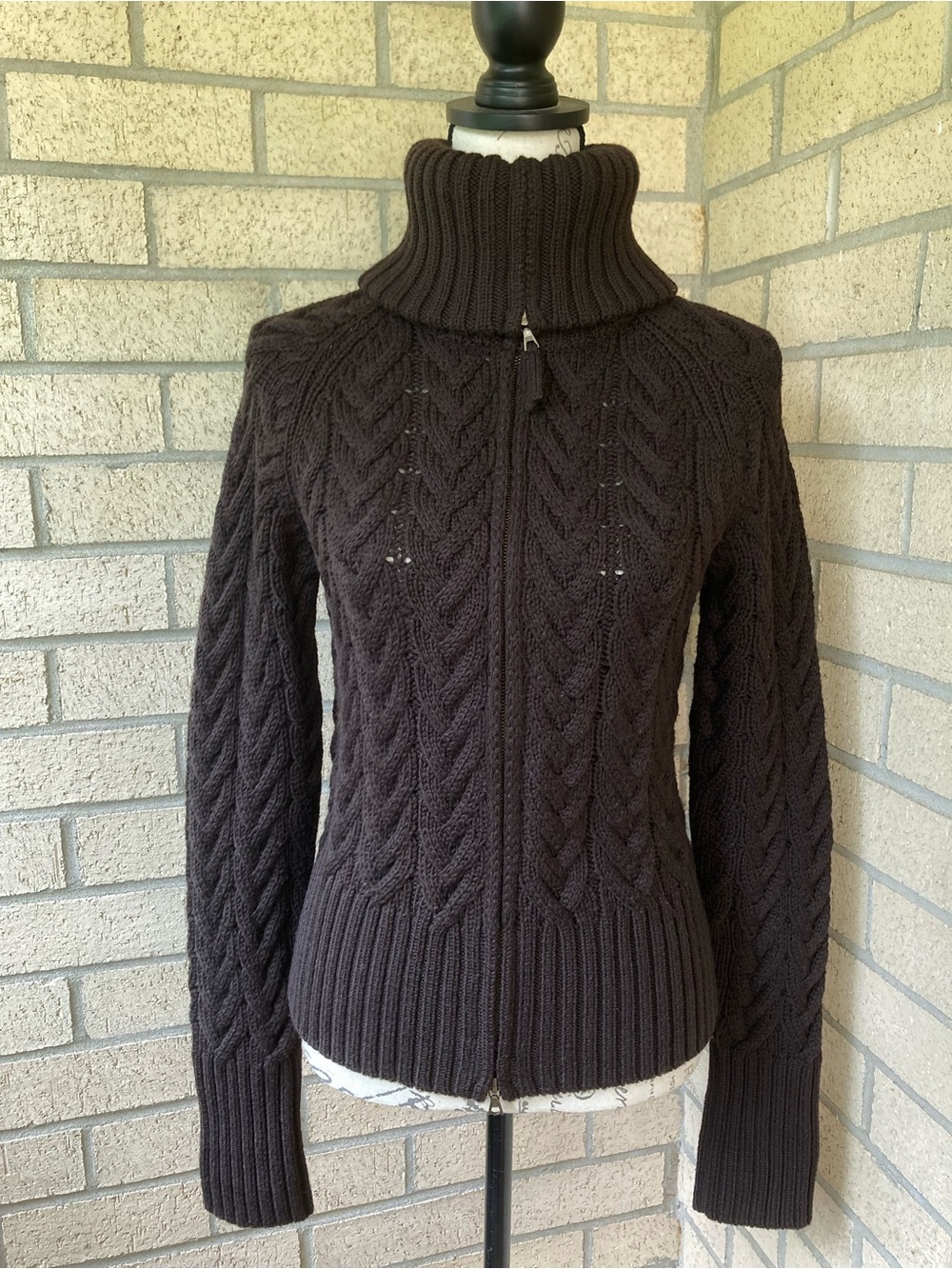 Theory Zipper Front Brown Wool Cable Knit Sweater Cardigan Shawl Collar Jacket
